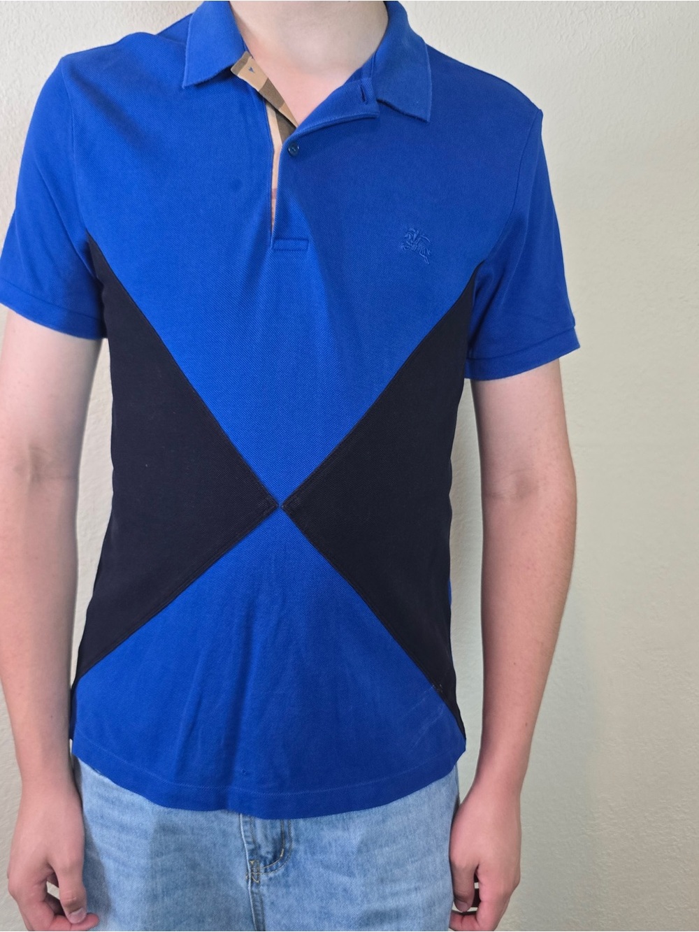 Burberry Brit Polo Shirt Blue Nova Check Placket Logo Cotton Sz  Med Designer
